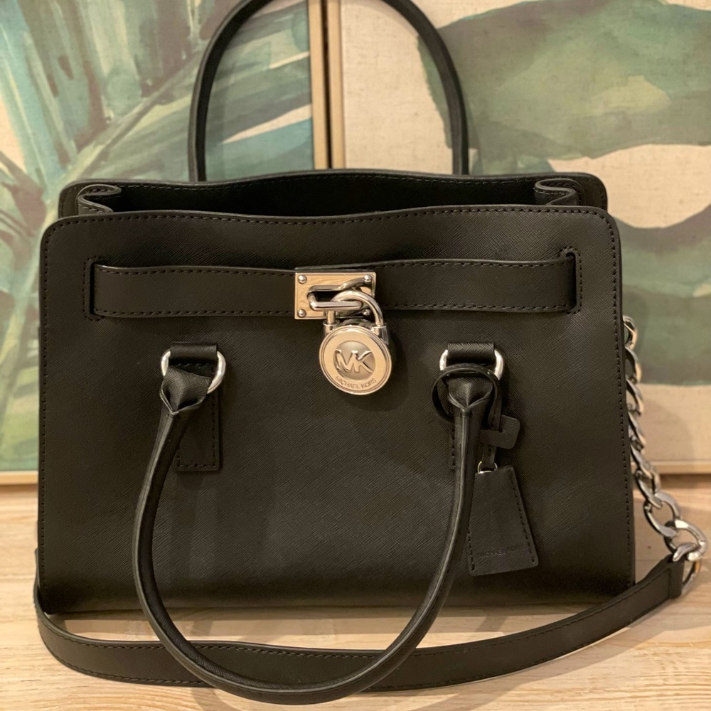 Like New: Michael Kors Medium Hamilton Satchel Black/Silver
